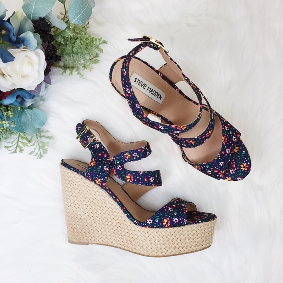 blue floral wedges